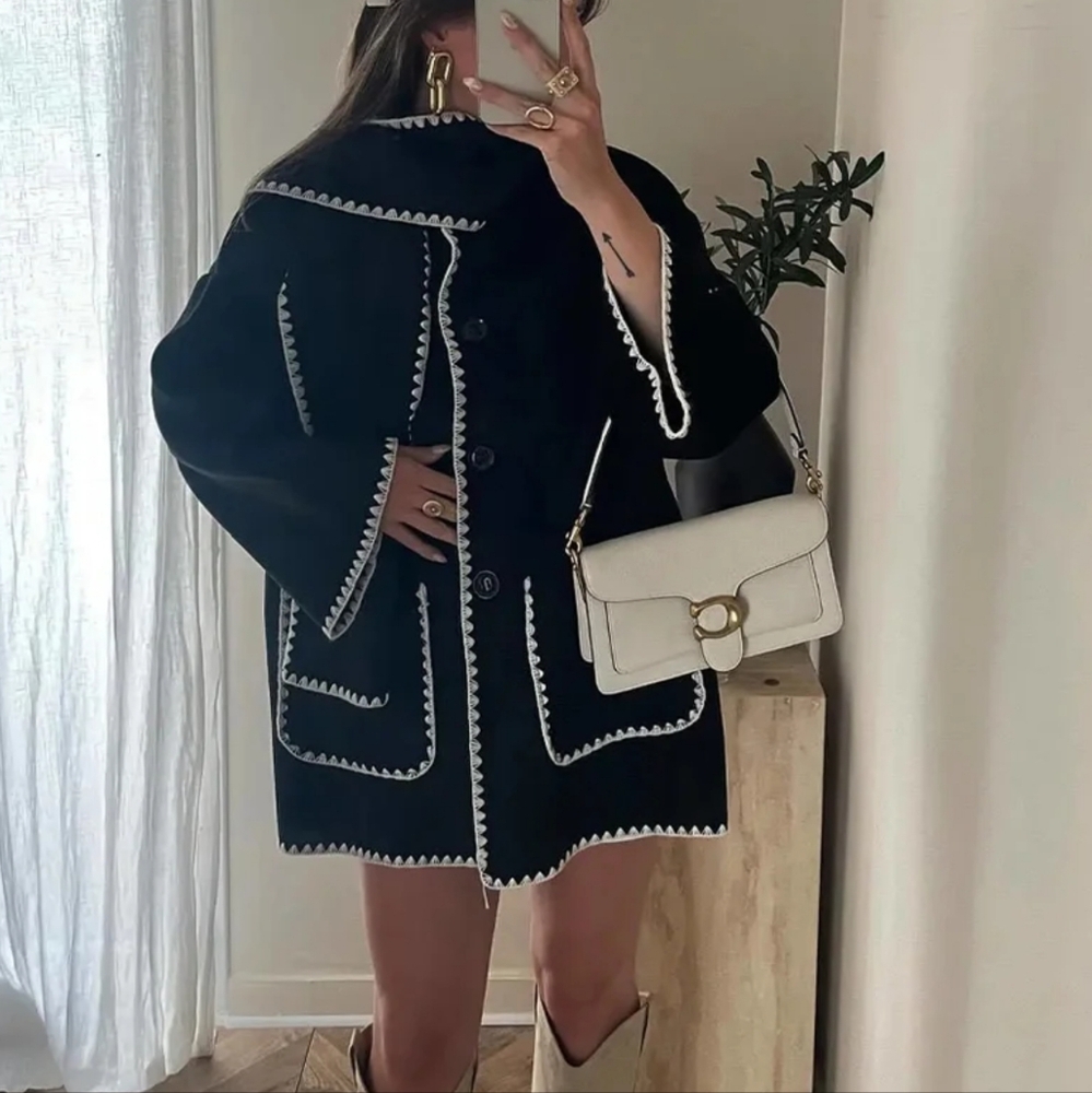 Women Autumn Winter Casual Zigzag Scarf Collar Jackets Fashion Loose Streetwear - Picture 3 of 5